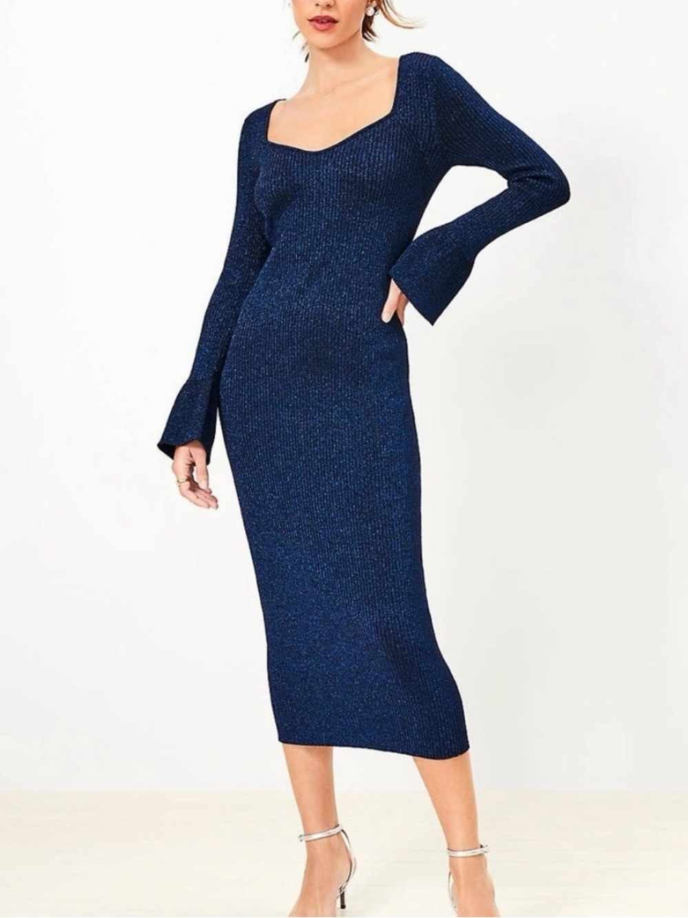 LOFT Navy Metallic Ribbed Square-Neck Midi Dress